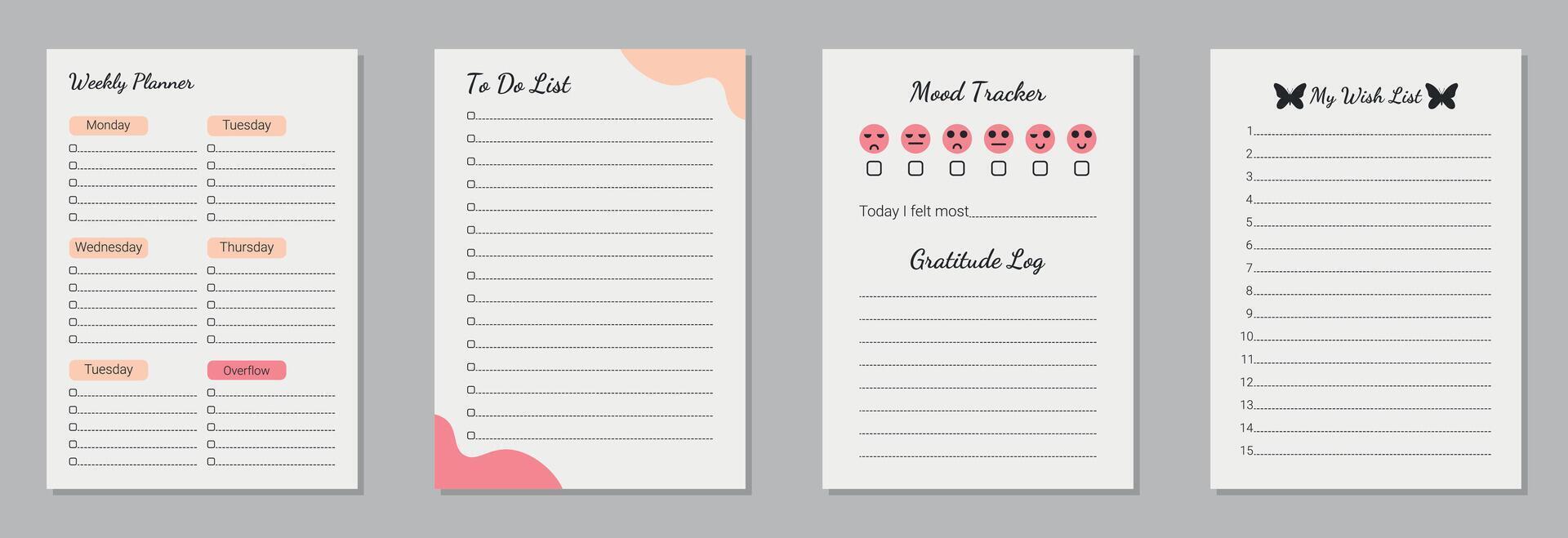 Printable A4 planner set with mood tracker, to do and wish list. Scalable graphics for printing. Blank page template vector