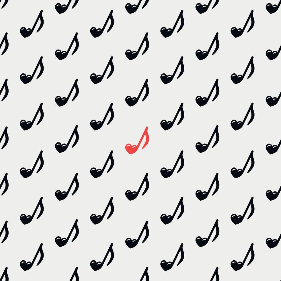 Seamless pattern with black music notes. Heart-shaped music notes print for paper or fabric. All notes are black except one red accent note, adding a touch of charm vector