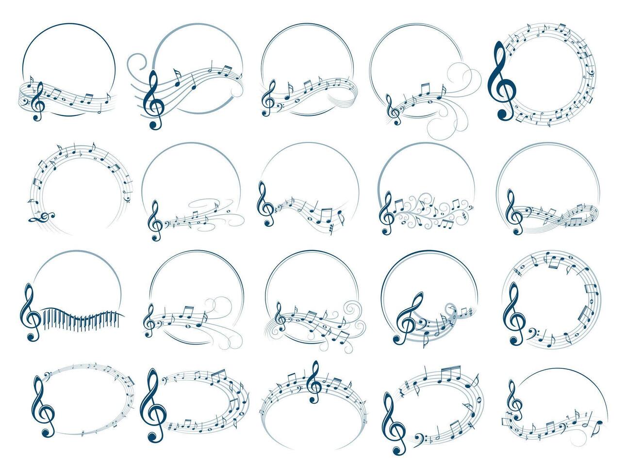 The big set of round frames with musical notes. vector