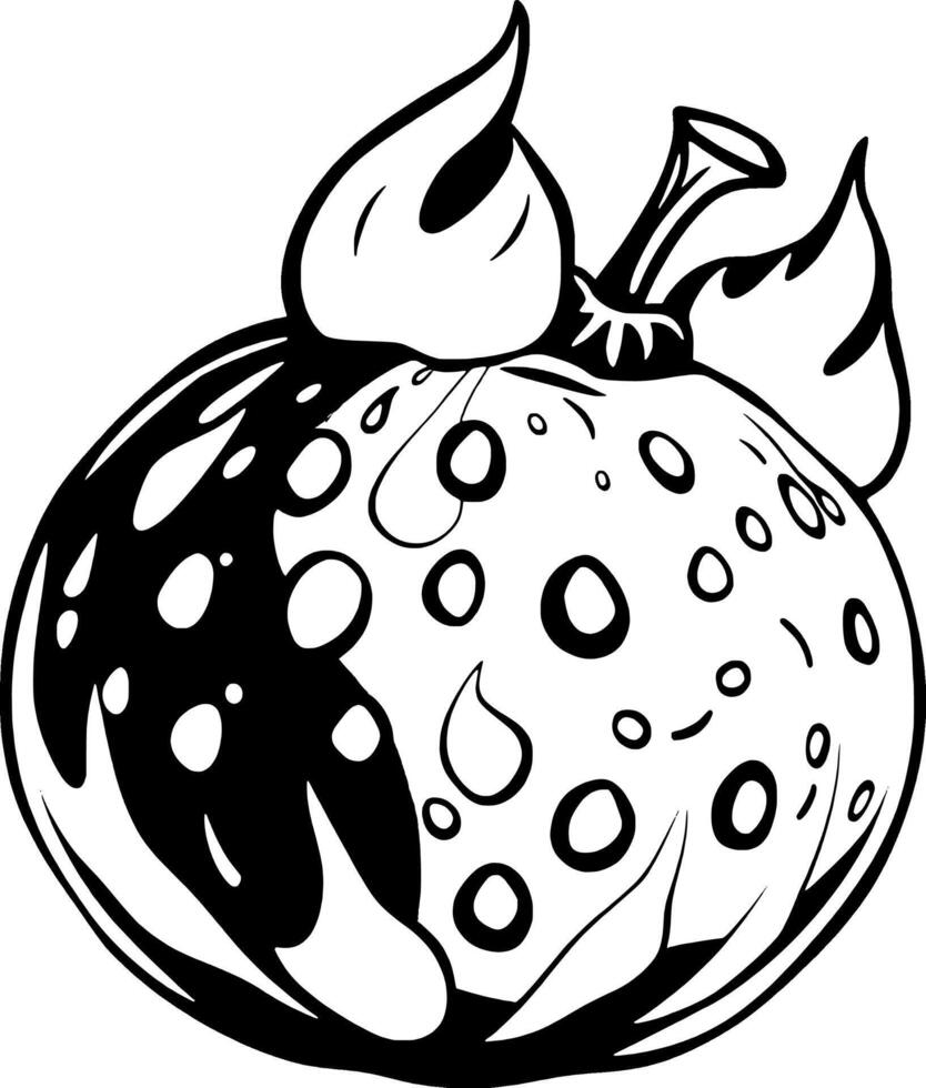 Stylized Black And White Illustration Of A Singular Fruit With Unique Markings And Leafy Stem vector