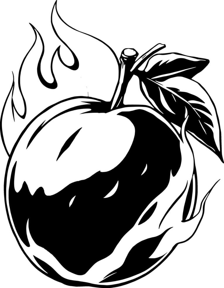 Fiery Apple Illustration A Monochrome Design Featuring A Flaming Fruit With Leaves vector