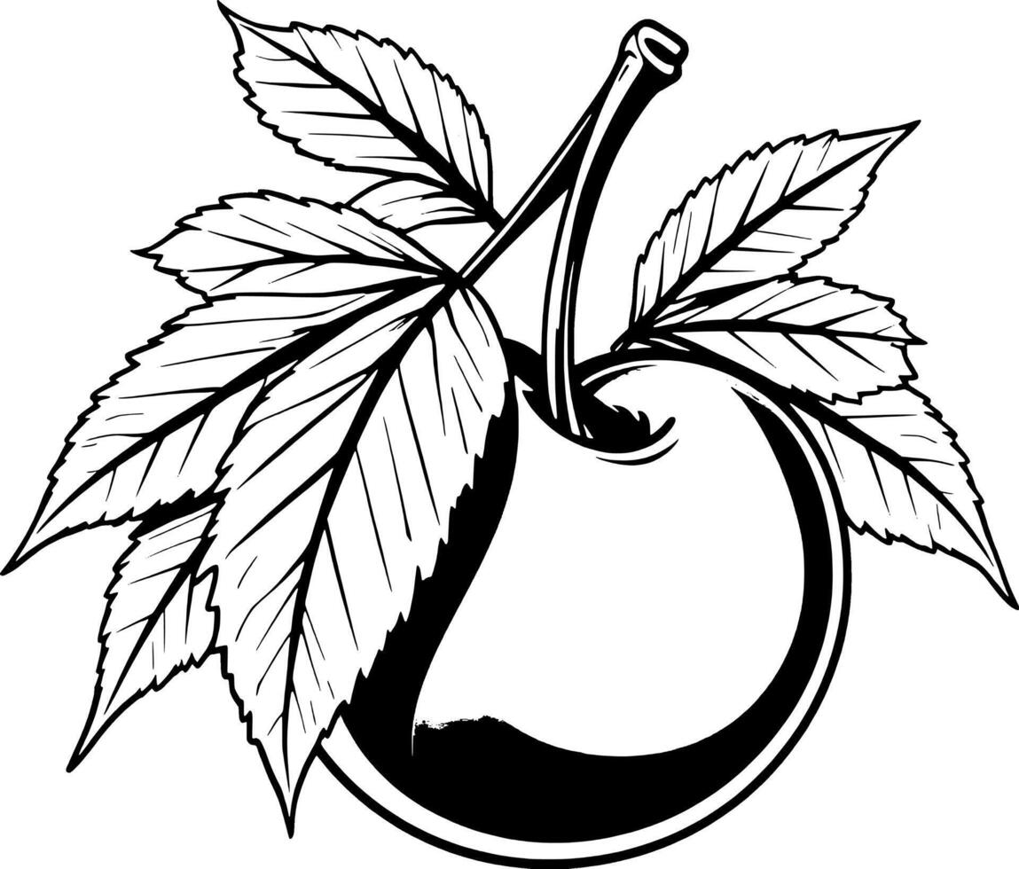 Single Ripe Red Cherry With Attached Stem And Leaves vector