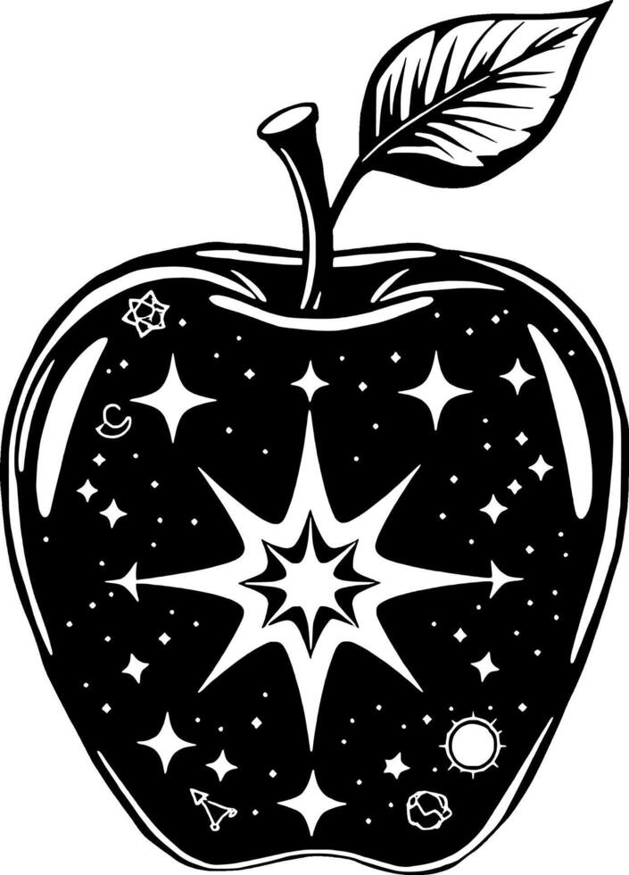 Celestial Apple A Cosmic Fruit Illustration Featuring Stars Planets and a Radiant Starburst Within vector