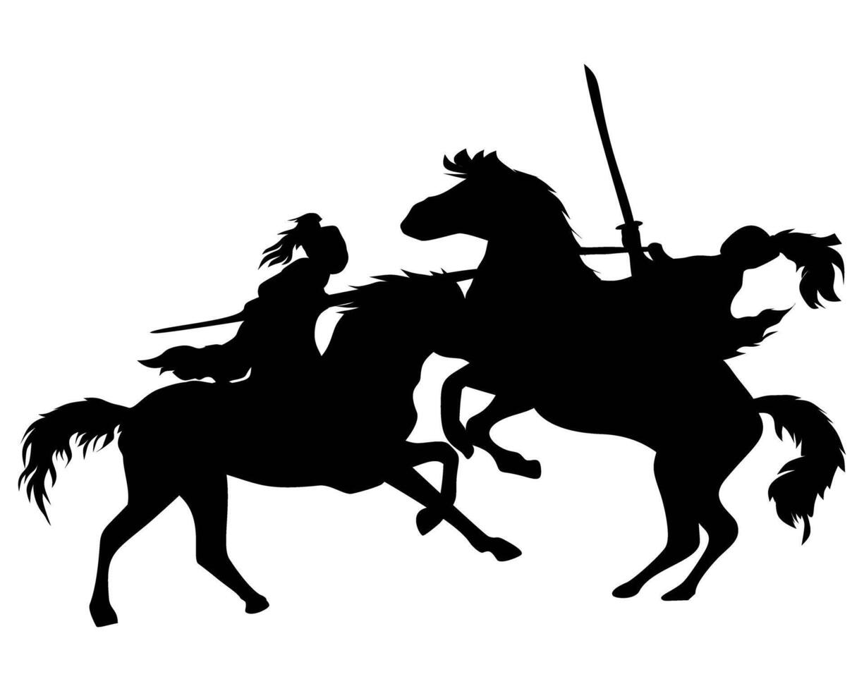 Silhouette of a warrior fighting on horseback. Icon of a medieval knights battle scene vector