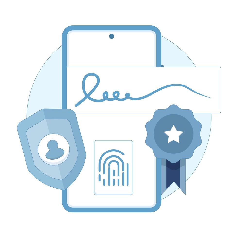 Electronic Signature Concept. Biometric fingerprint authentication enhances identity verification and document security using digital encryption and validation. Design illustration. vector