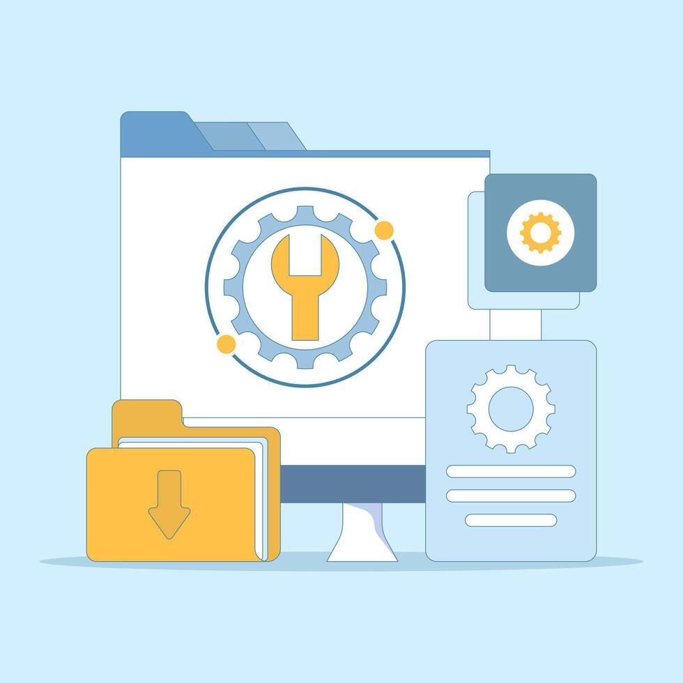 System maintenance concept, Errors, Fixing problems, Device updates, Software systems under maintenance, Device update process on devices, Updating operating systems. Flat illustration. vector