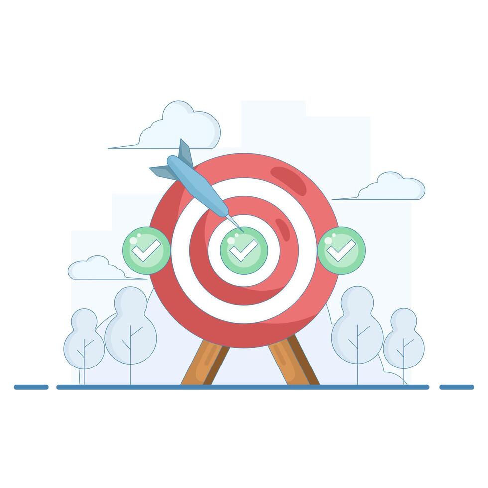 targeting concept. defining and completing business targets. mission and goals. aiming at the target on a dartboard. flat cartoon design illustration on a background. vector