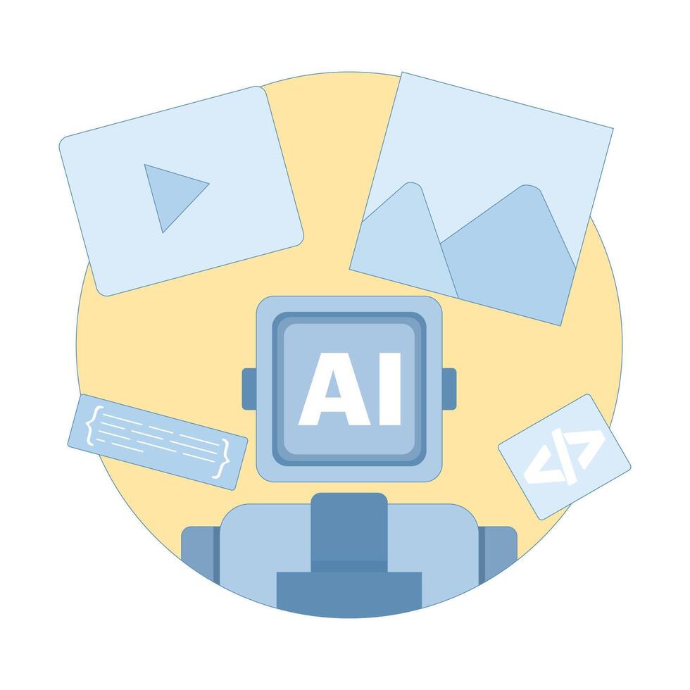 Concept Free AI image and maker tool to convert text to image or . Generate visual or written content with artificial intelligence application. Flat cartoon design illustration. vector