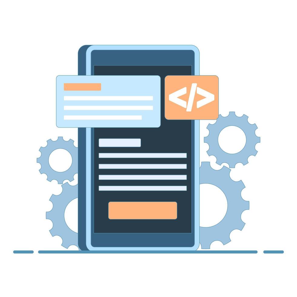 Concept of building mobile applications, collaboration of developers and programmers around a smartphone. Handheld mobile application development. Flat design illustration in the background. vector