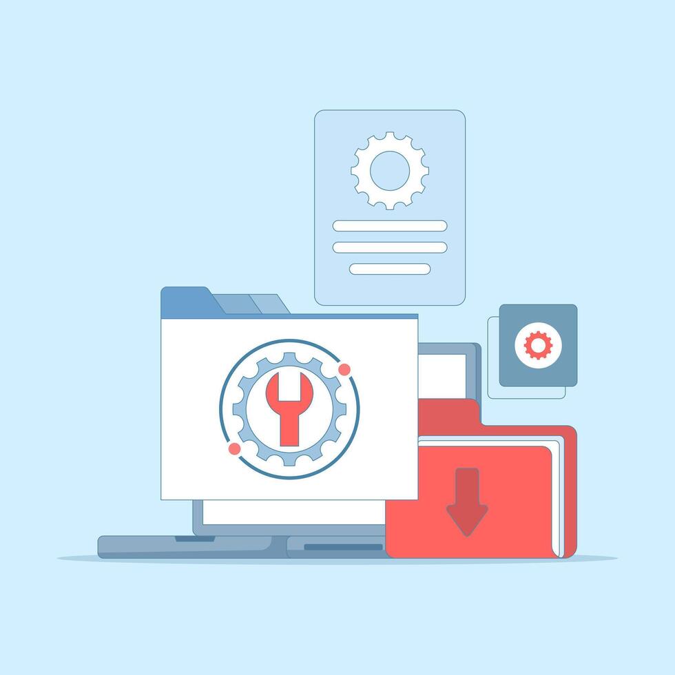 System maintenance concept, Error, Fixing problems, Device update, Software system under maintenance, Device update process on device, Updating operating system. Flat design illustration. vector