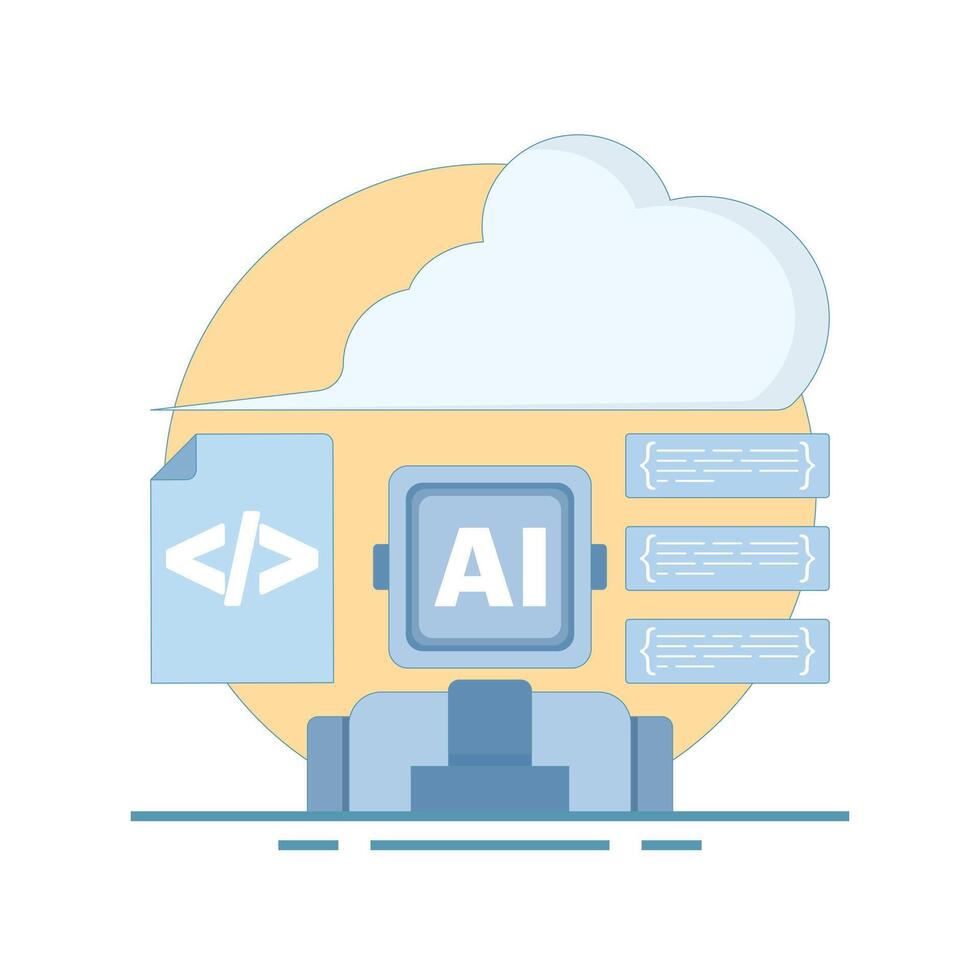 Cloud-based AI Training Concept with deep learning and machine learning development using modern coding environment and neural networks. Ideal for automation and analytics. Flat illustration. vector