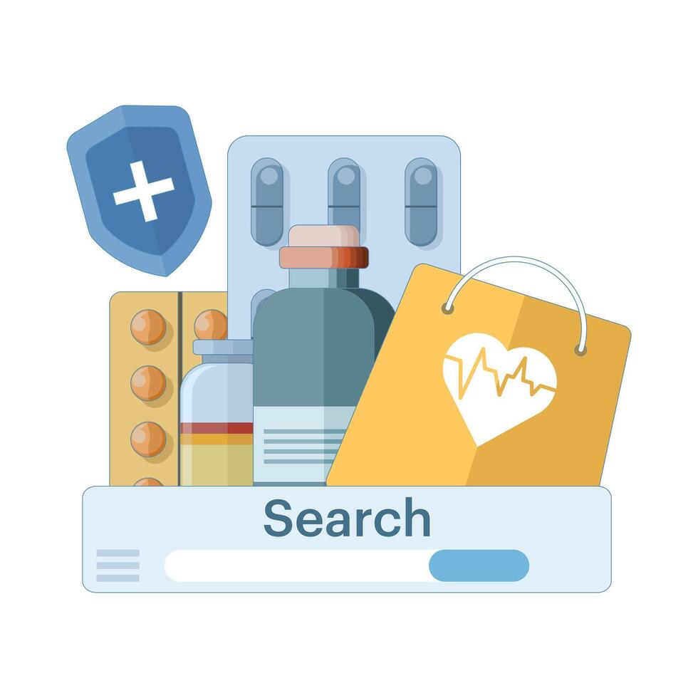 Online medicine ordering concept. Searching medicine on internet with search tab. Emergency medical symbol. Flat design illustration on background. vector