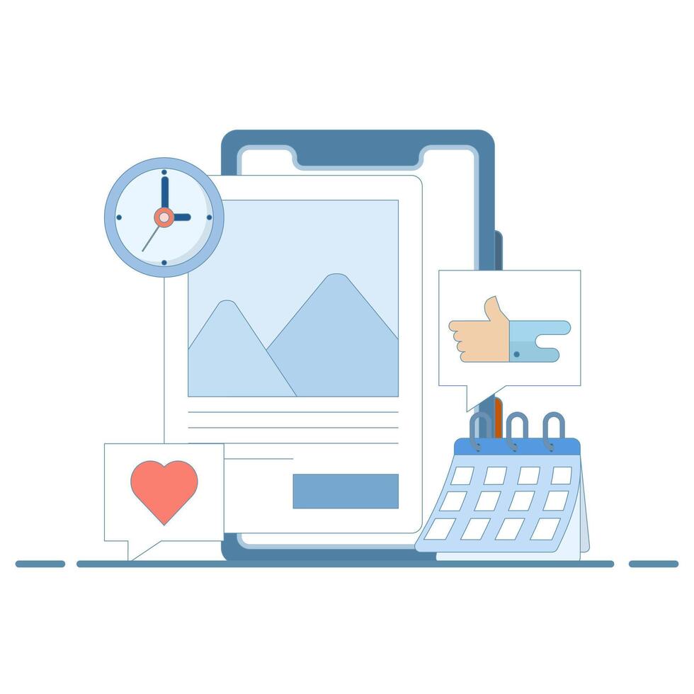 Social media schedule concept posted. Social media on smartphone screen showing feedback like hearts. Social media content auto scheduler software, marketing automation, Design illustration. vector