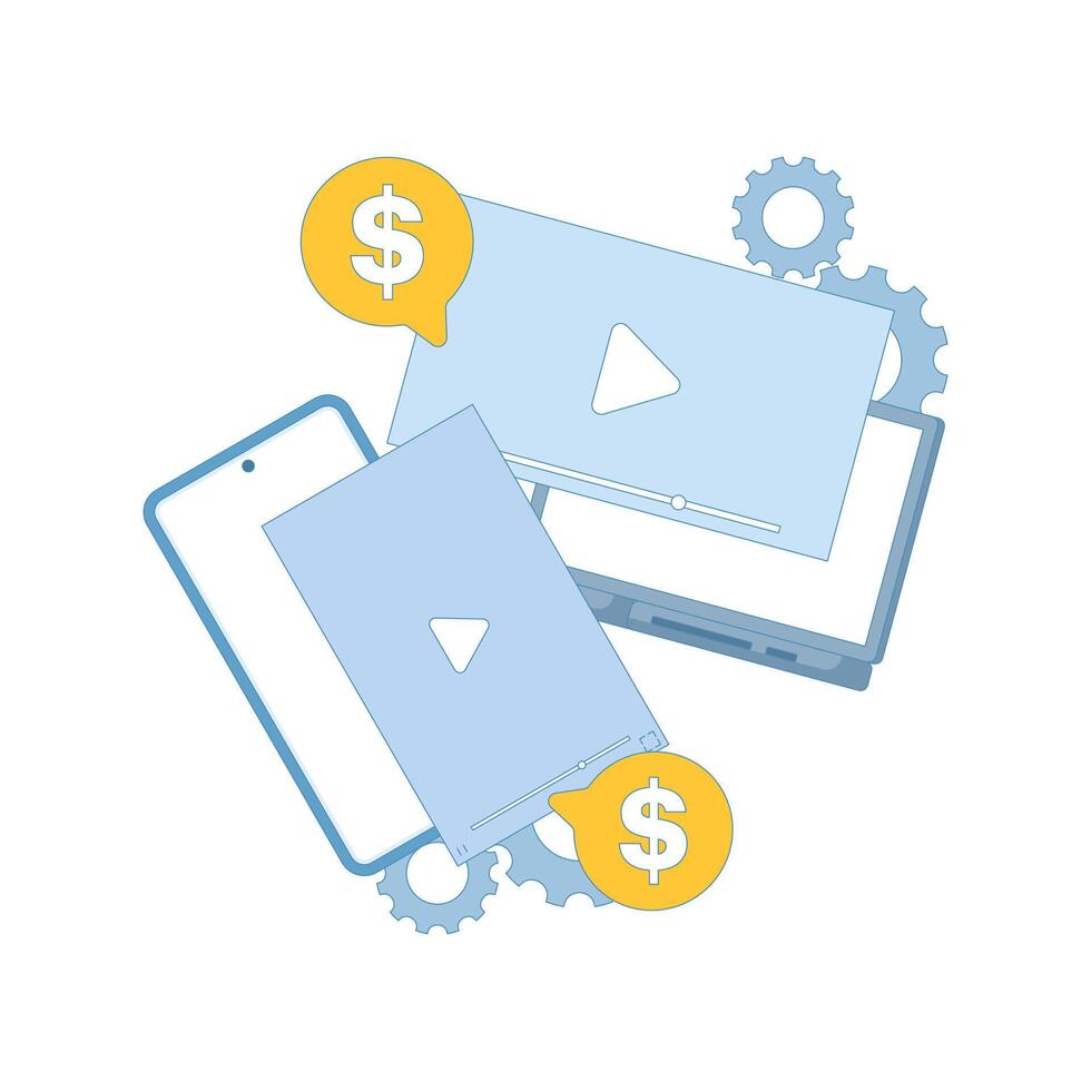 monetization concept. Paid content and distribution via subscription platforms for monetization, including streaming, licensing, access control, and media sales. Flat illustration. vector