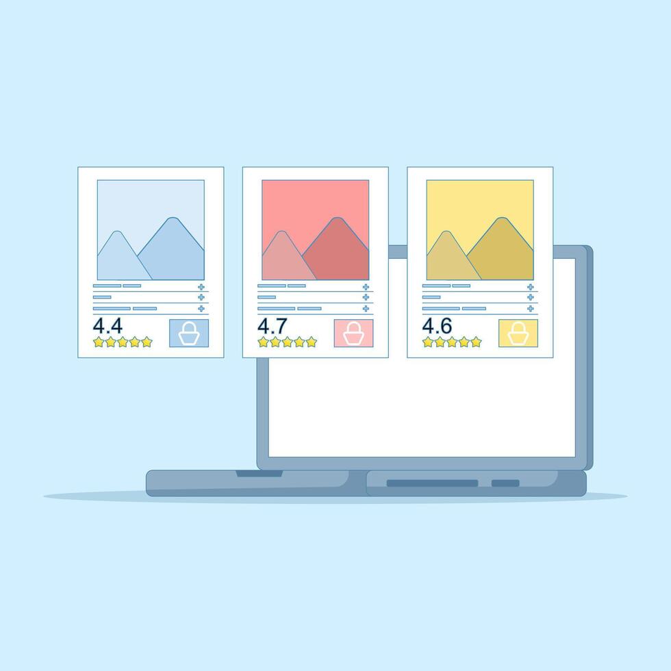 E-commerce product rating system concept. Helping customers choose quality items through reviews and feedback. Product ratings provide a digital experience for users and build trust. Flat design. vector