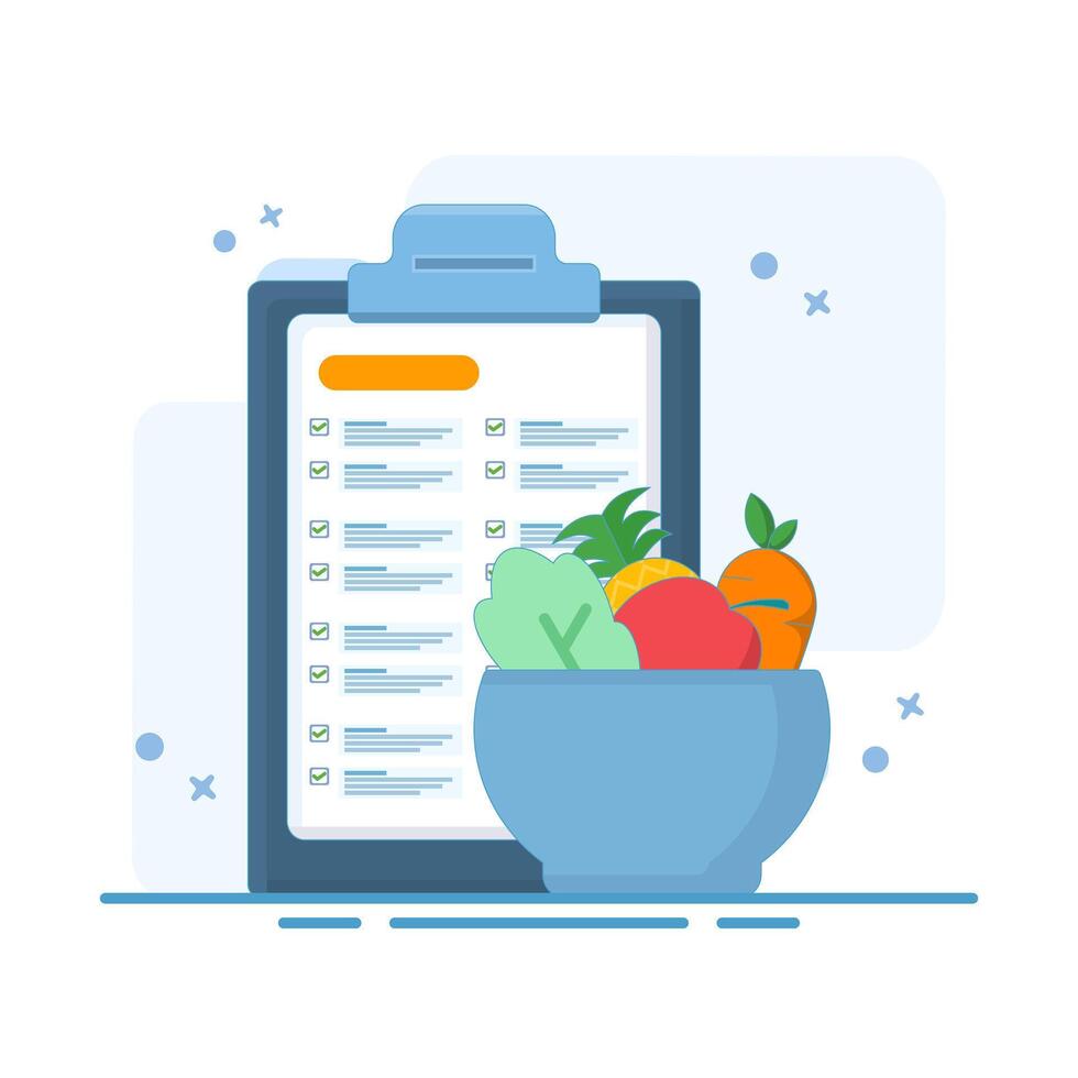clipboard with organic and nutritious food. daily nutrition checklist, Concept of healthy meal planning, balanced diet or diet tracking. health, fitness or nutrition app. Flat illustration. vector