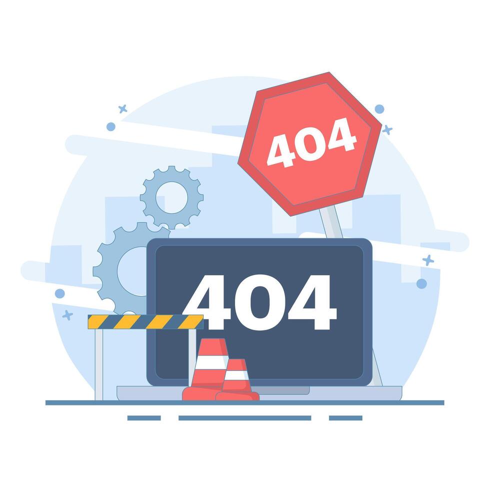 Concept of 404 error page, page not found, landing page does not exist. System error, problematic site, broken page. Flat design illustration on background. vector
