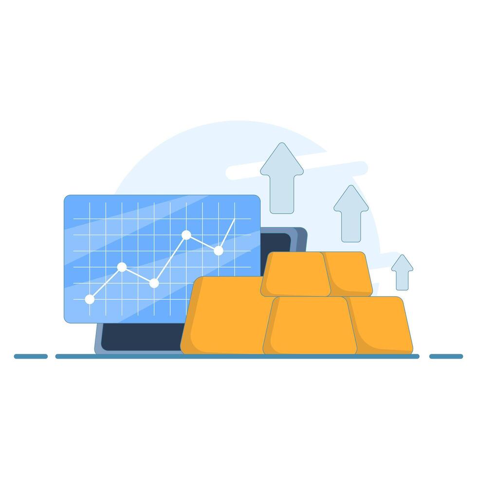 gold investment concept. price increase and profit from gold sales every year. profit and success. see gold bullion price data. flat cartoon design illustration in the background. vector