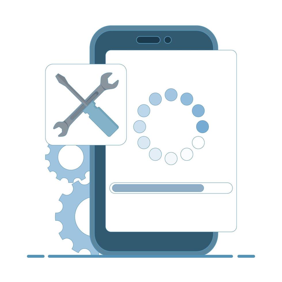 Concept of repair and upgrade process, loading software on smartphone screen, gear button, screwdriver, system software upgrade and update, installation process, new update process. design. vector