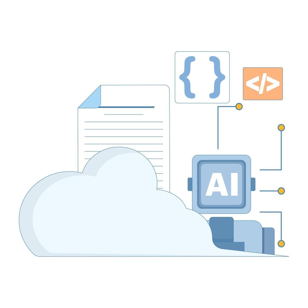 Cloud-Based AI Training Concept for machine learning and deep learning development. AI cloud services, automation and optimization of ML models. Cloud computing for AI-powered solutions. vector