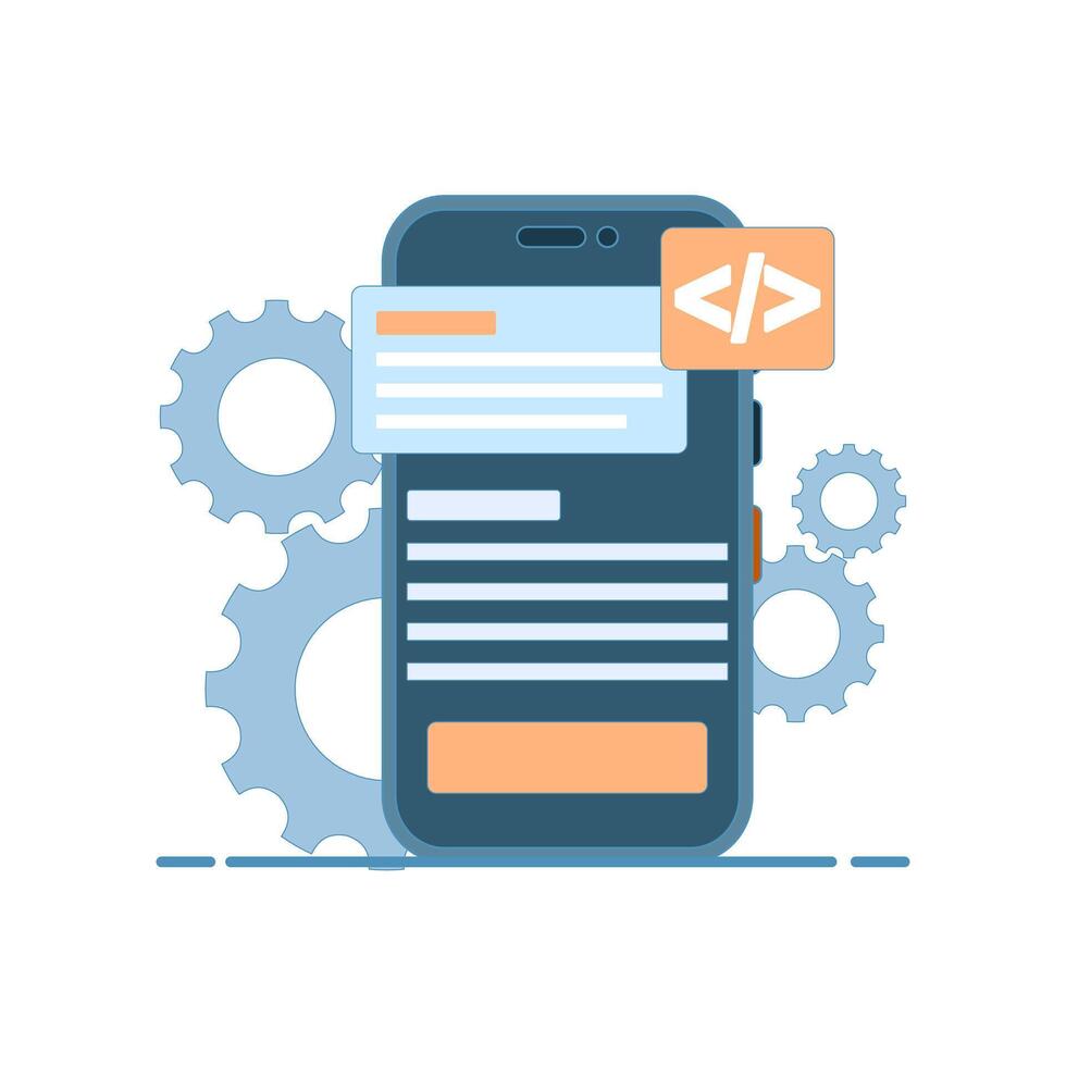 Concept of building mobile applications, collaboration of developers and programmers around a smartphone. Handheld mobile application development. Flat style design illustration in the background. vector