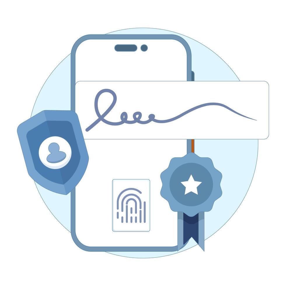 Electronic Signature Concept. Biometric fingerprint authentication enhances identity verification and document security using digital encryption and validation. Flat design illustration. vector