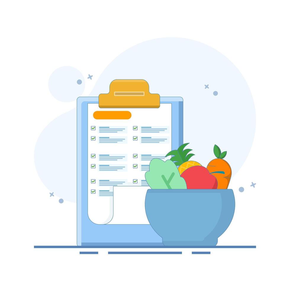 clipboard with organic and nutritious food. daily nutrition checklist, Concept of healthy meal planning, balanced diet or diet tracking. health, fitness or nutrition app. Design illustration. vector