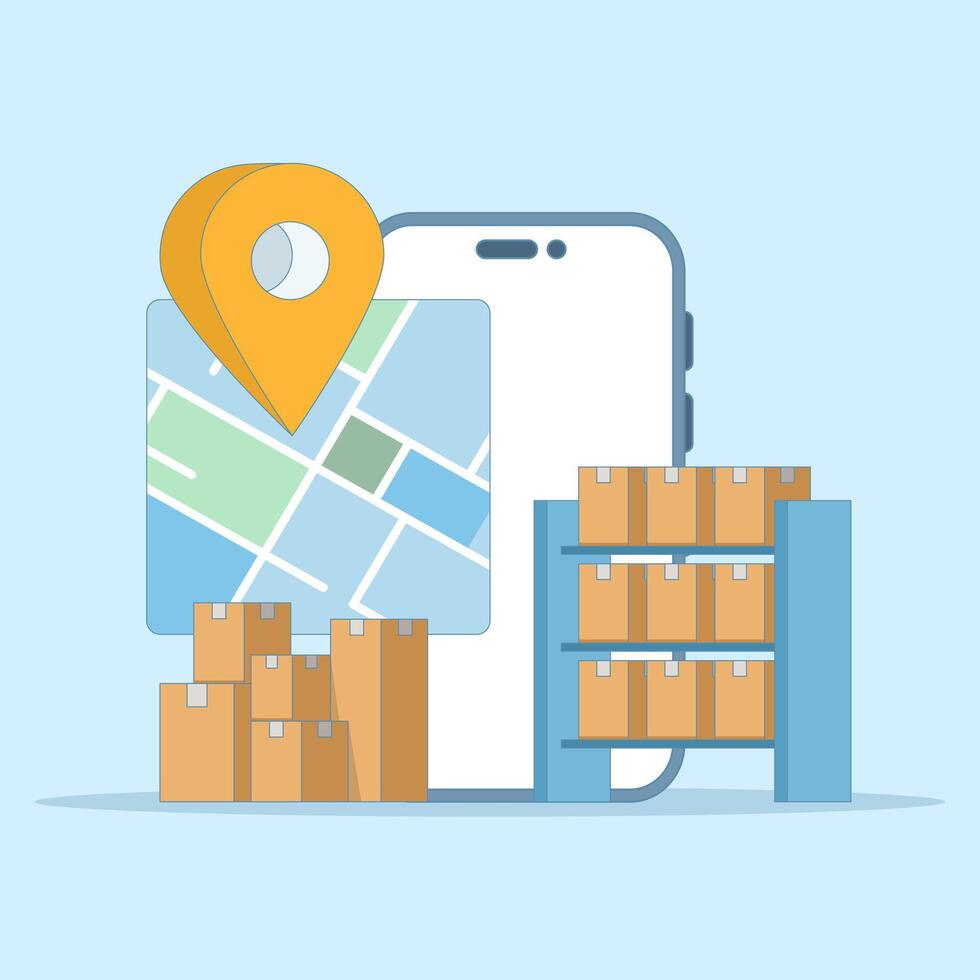 Online Mobile Logistics Cargo Delivery Service Concept. Delivery service via device, City map app for parcel warehouse delivery, goods tracking, flat design illustration on background. vector