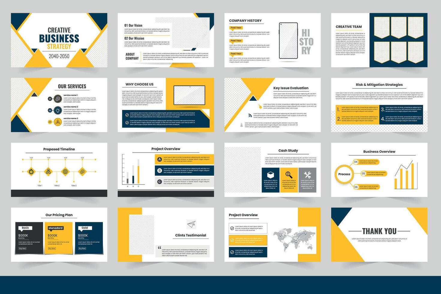 Creative Business Strategy Presentation Showcasing Various Design Elements and Layouts, Business presentation template design, vector