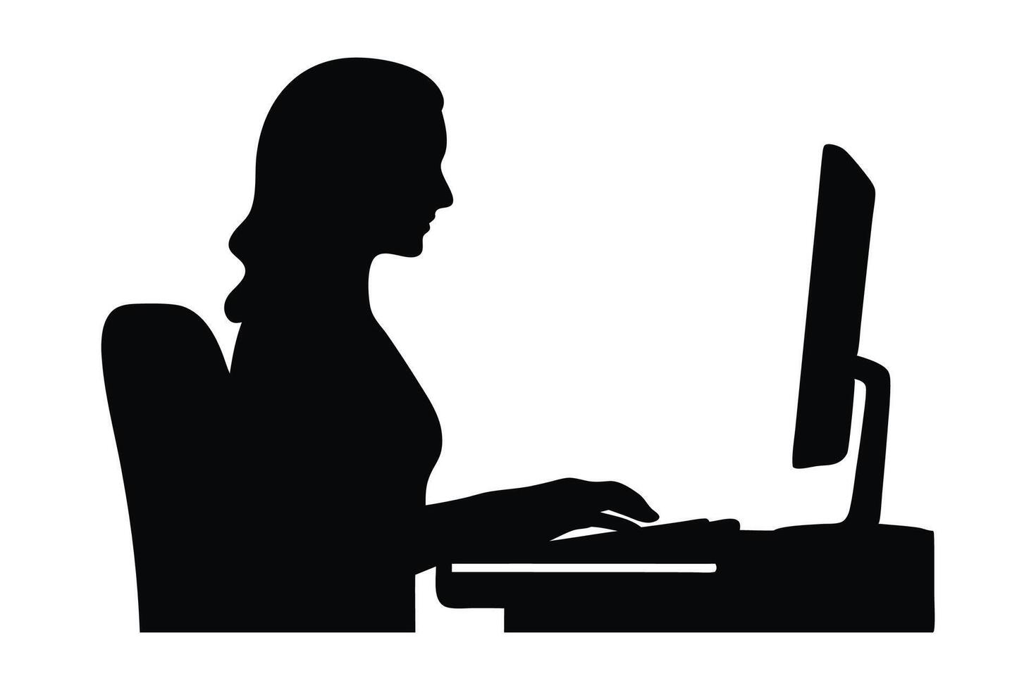 Woman typing on the computer at the desk silhouettes isolated flat illustration on white background vector