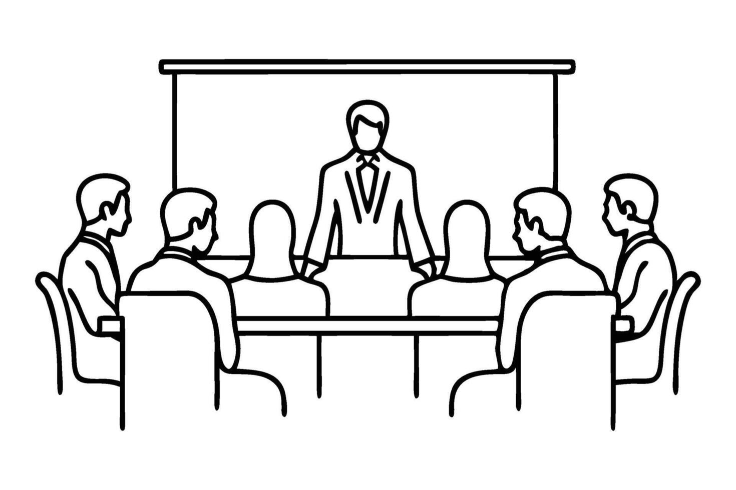 Business professionals engaged in a meeting with a presenter at the forefront. Line art flat illustration on white background vector