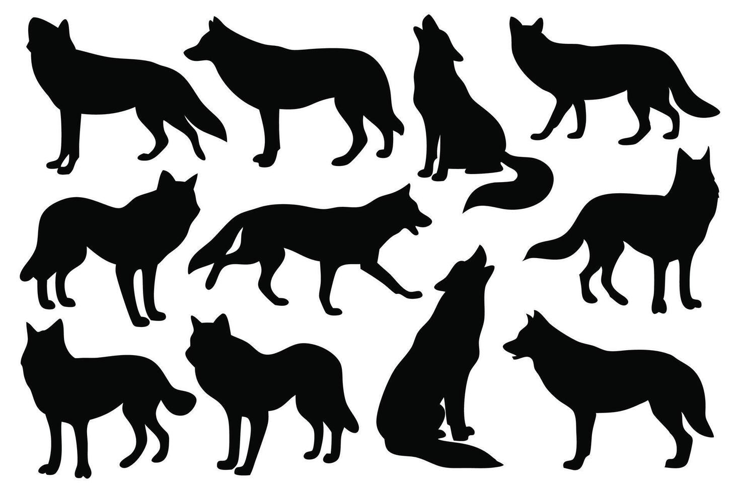 Wolf silhouettes set isolated flat illustration on white background. vector