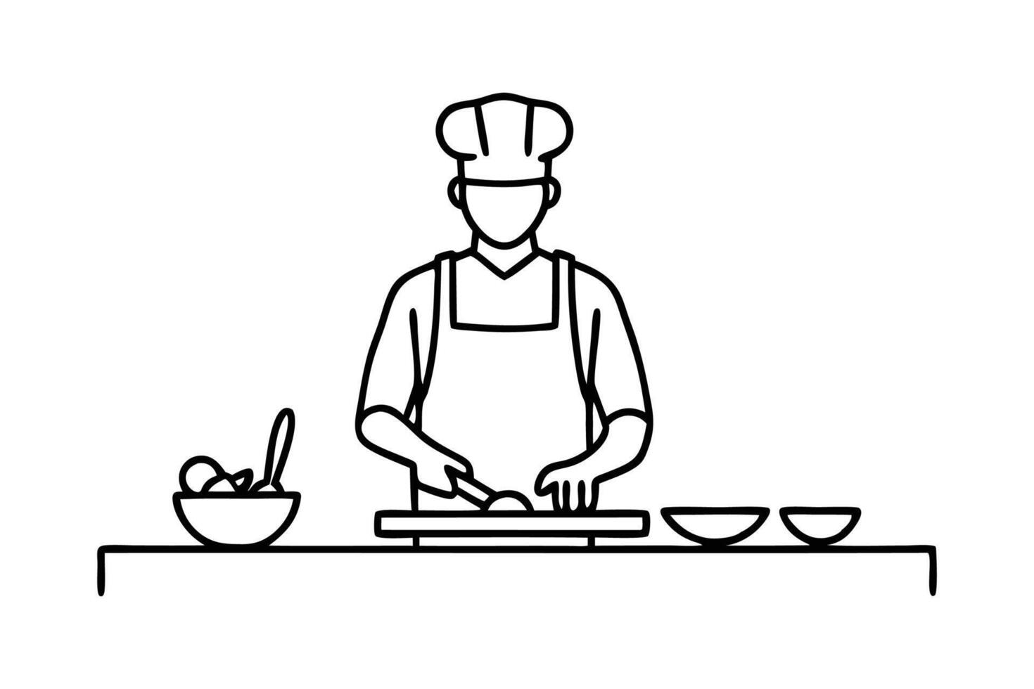 Chef skillfully preparing food in a minimalist style line art flat illustration vector