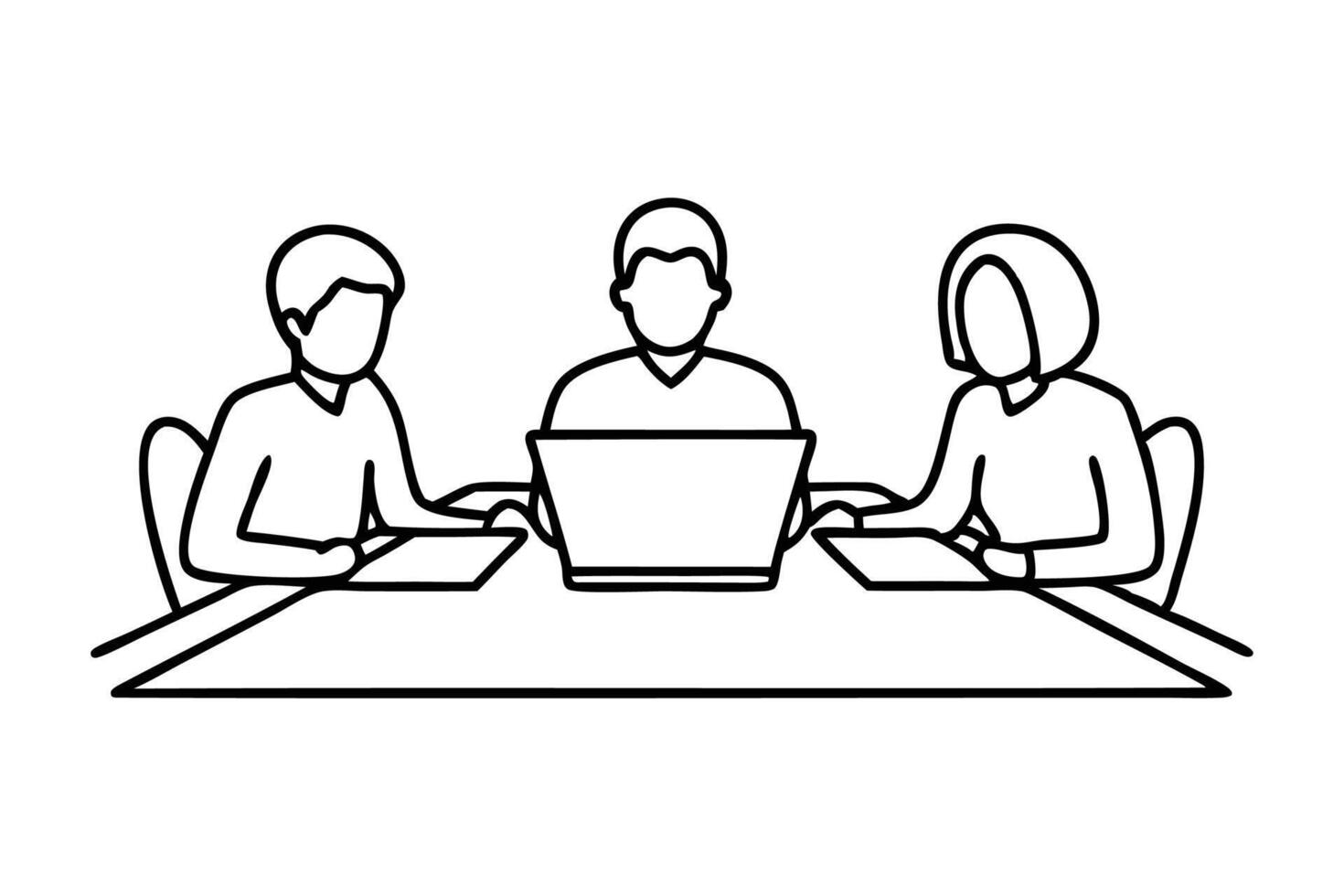 People engaged in collaborative work at a table line art flat illustration. vector