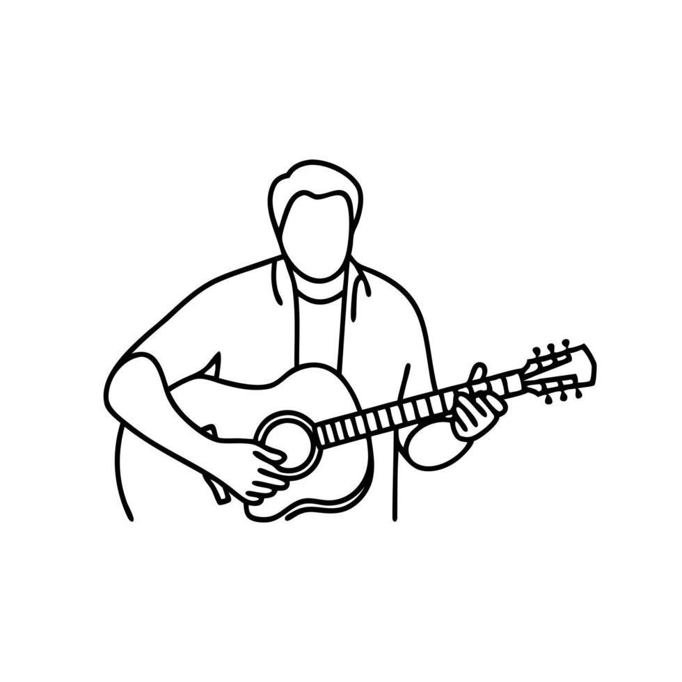 Man skillfully playing a guitar line art flat illustration vector