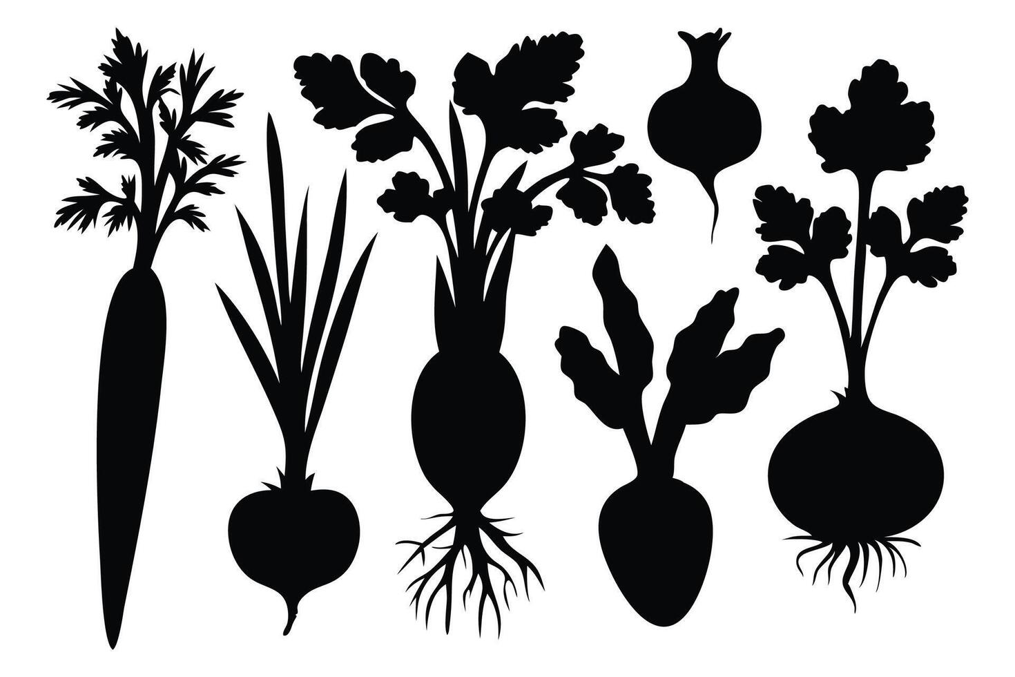 Vegetable plants with root system silhouettes set isolated flat illustration on white background vector