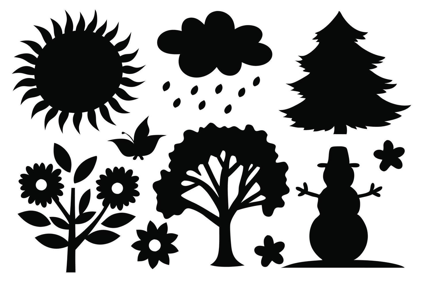 Weather and seasons silhouettes set isolated flat illustration on white background vector