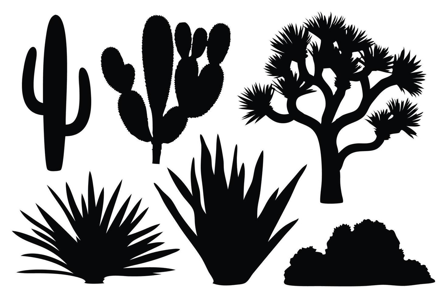Cacti agaves joshua silhouettes set isolated flat illustration on white background vector