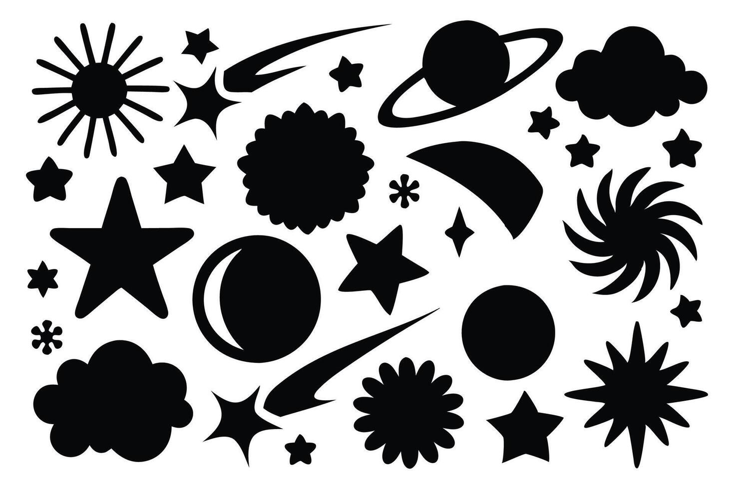 Celestial monoline elements silhouettes set isolated flat illustration on white background. vector
