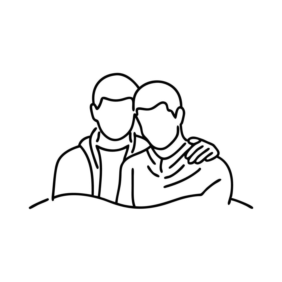 Man embracing another man in a warm and affectionate gesture line art flat illustration. vector