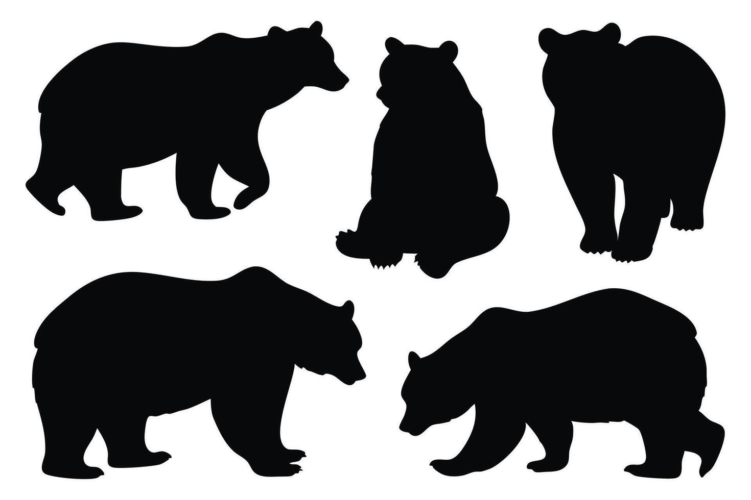 Various poses of bear standing walking sitting wildlife silhouettes set isolated flat illustration on white background. vector