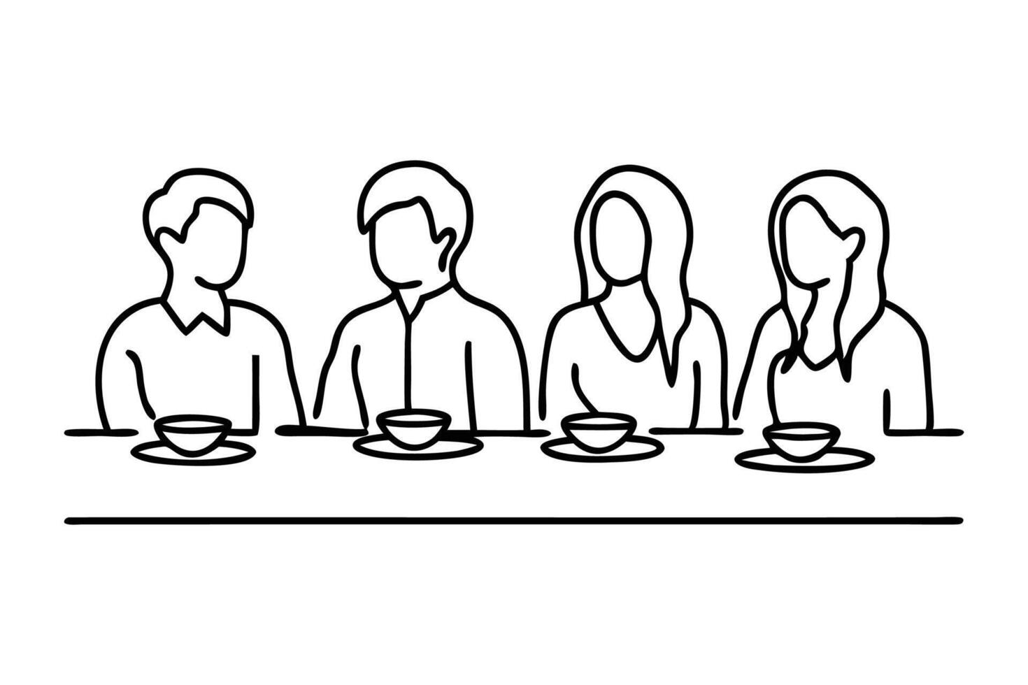 Group of people sitting together at a table line art flat illustration vector