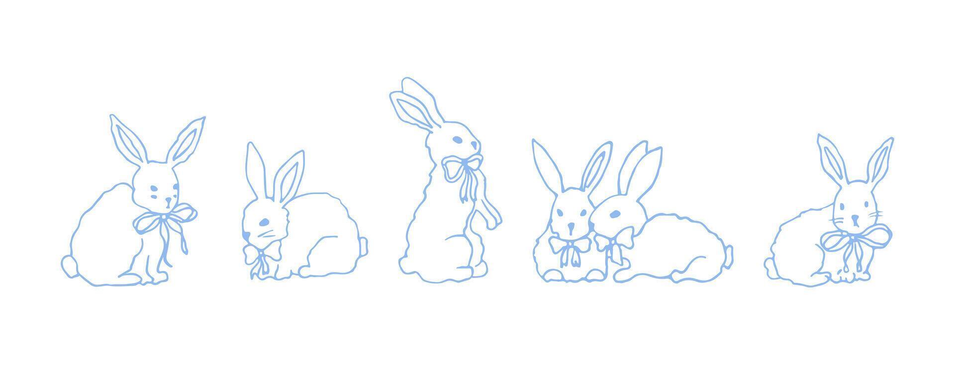 Cute bunnies with bow ribbon. Coquette easter bunny. Hand drawn doodle. vector