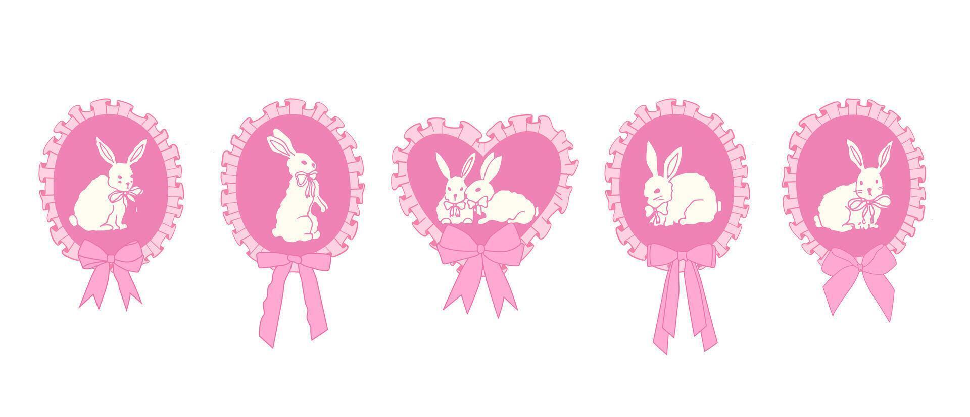 Coquette bunny set. Cute pink Easter bunnies with a frame and ribbon. Hand drawn doodle. vector