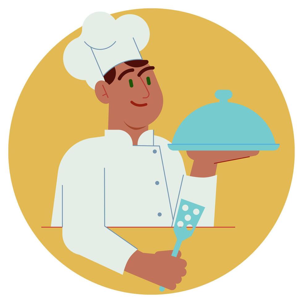 Flat illustration of a smiling chef wearing a classic white uniform and tall chef hat, proudly holding a gourmet dish. Perfect for food blogs, restaurant branding, or culinary content. vector