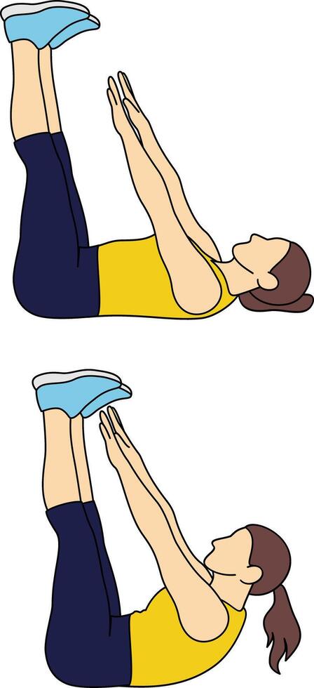 Woman in Fitness Clothes Performing Abdominal Crunch Exercise. Female Cartoon Character Doing Toe Touch Crunch During Aerobics Workout. vector