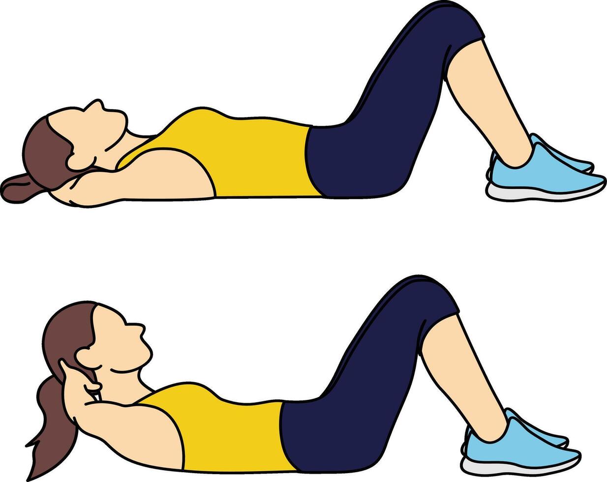 Woman in Fitness Clothes Performing Abdominal Crunch Exercise. Female Cartoon Character Doing Basic Crunch During Aerobics Workout. vector