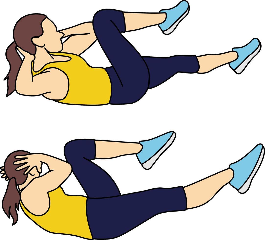 Woman in Fitness Clothes Performing Abdominal Crunch Exercise. Female Cartoon Character Doing Bicycle Crunch During Aerobics Workout. vector