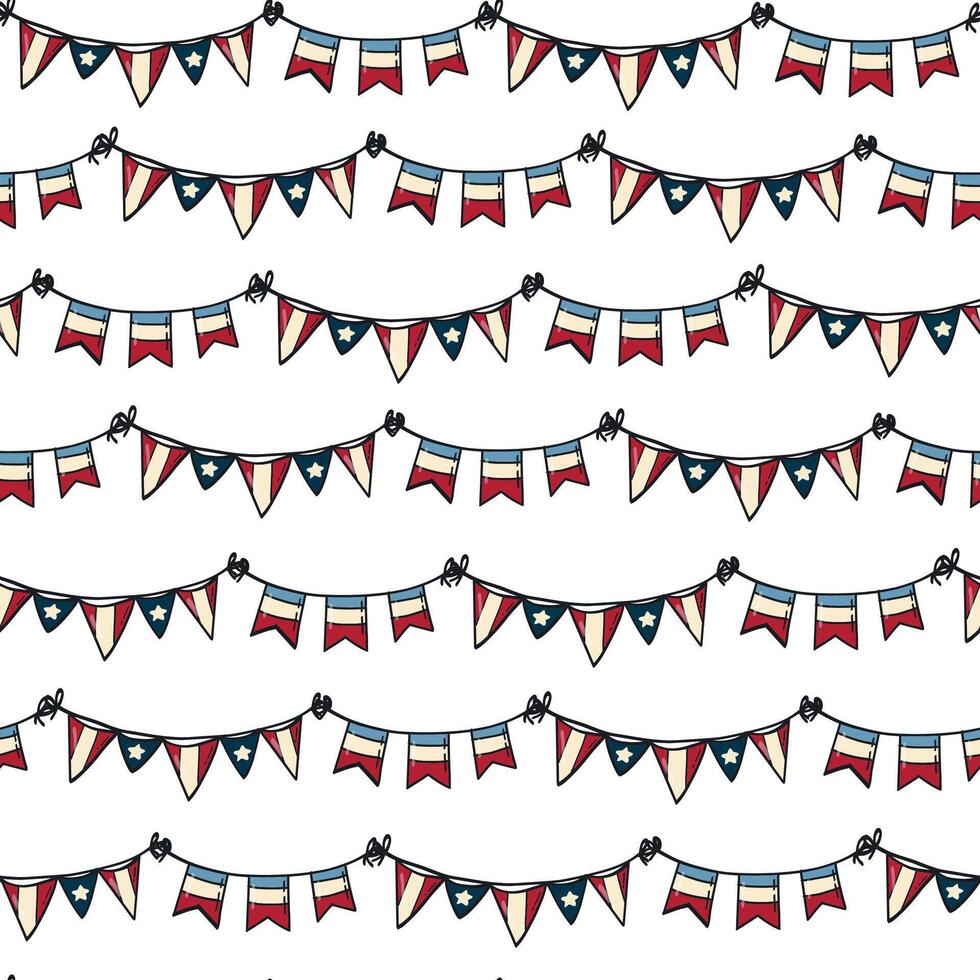 USA garlands seamless pattern with flags for Independence day, Memorial day wallpaper, wrapping paper, scrapbooking, textile, digital paper, backgrounds, packaging, etc. EPS 10 vector
