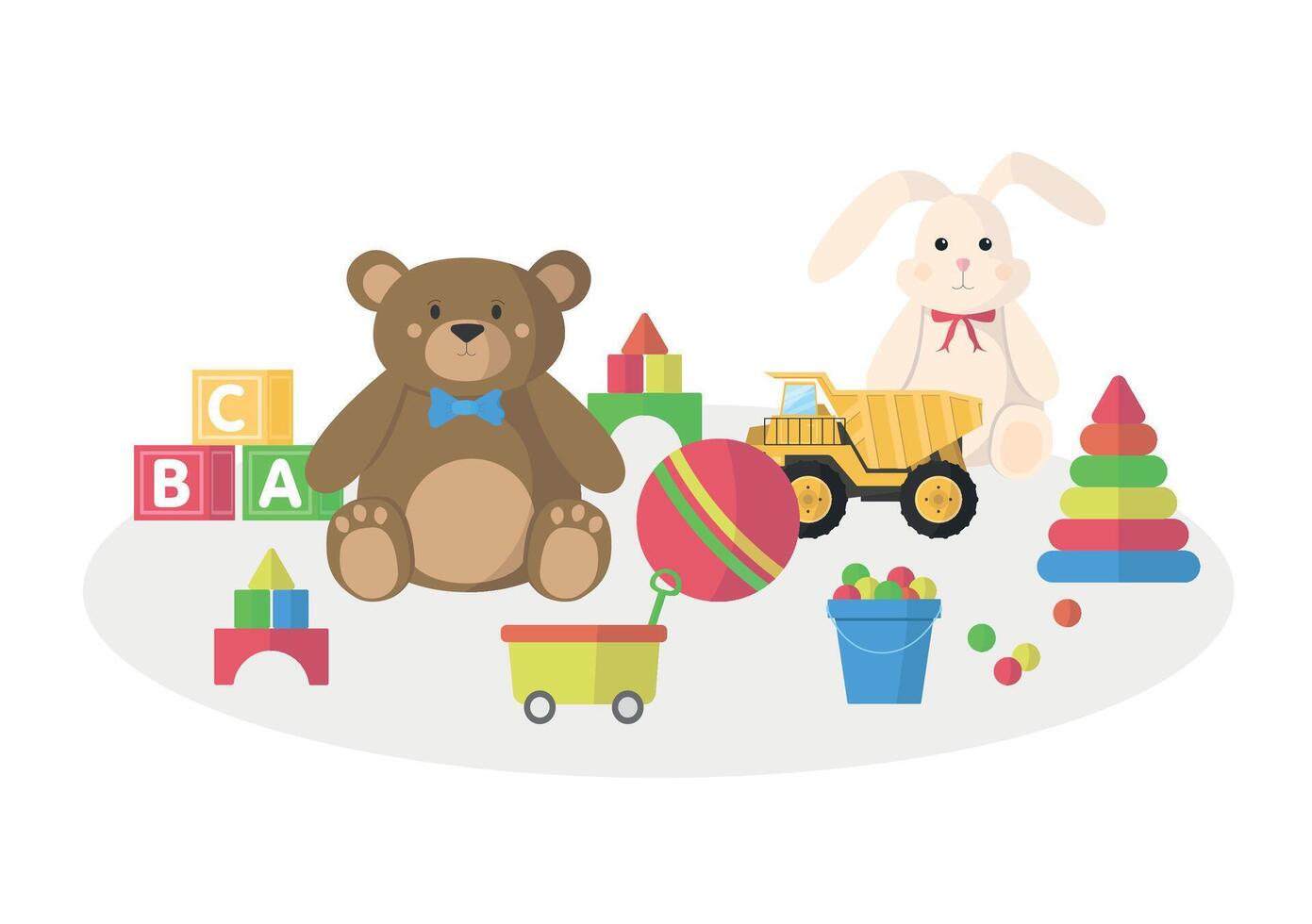 Children's toys placed on the floor for play and development. Toys for a boy or girl. vector